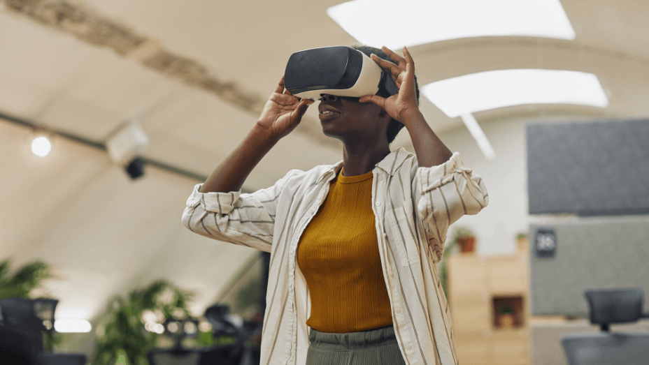 african woman enjoying VR in a smart office