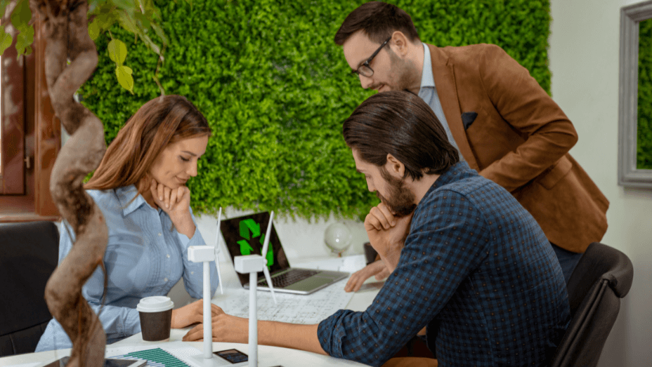 team working in a sustainable office