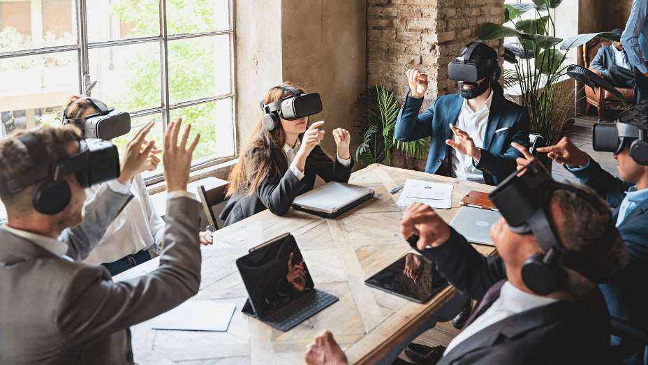 employees having a meeting using VR 