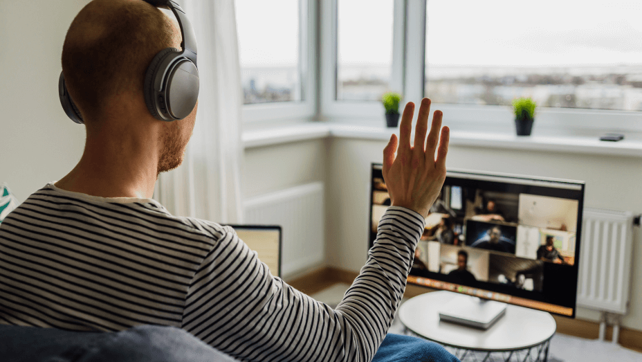 Man having video call with colleagues