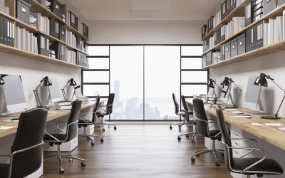 Hot desks in a modern workplace