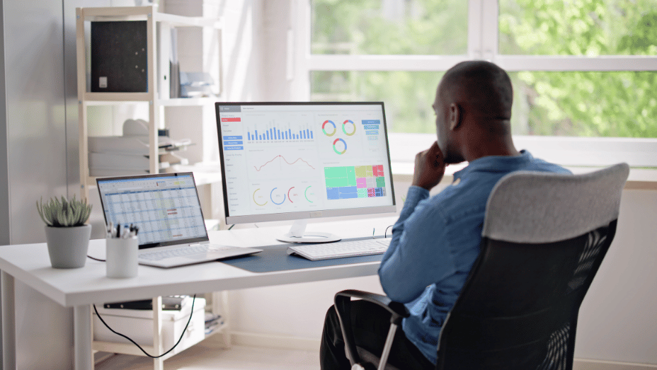 employee analyzing workplace analytics in the office
