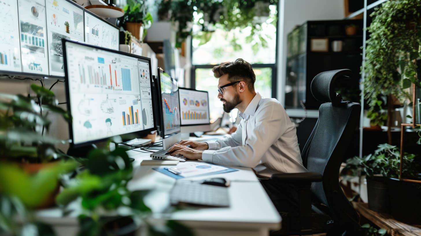 employee in the office analyzing workplace data and reports