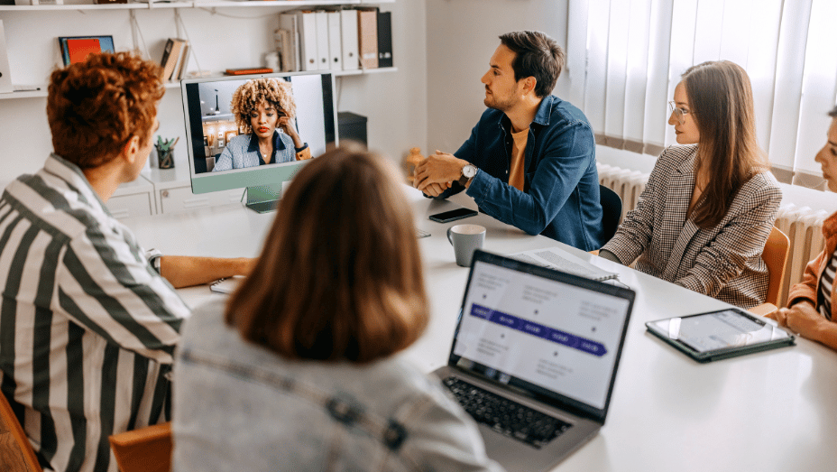 employees in a hybrid meeting