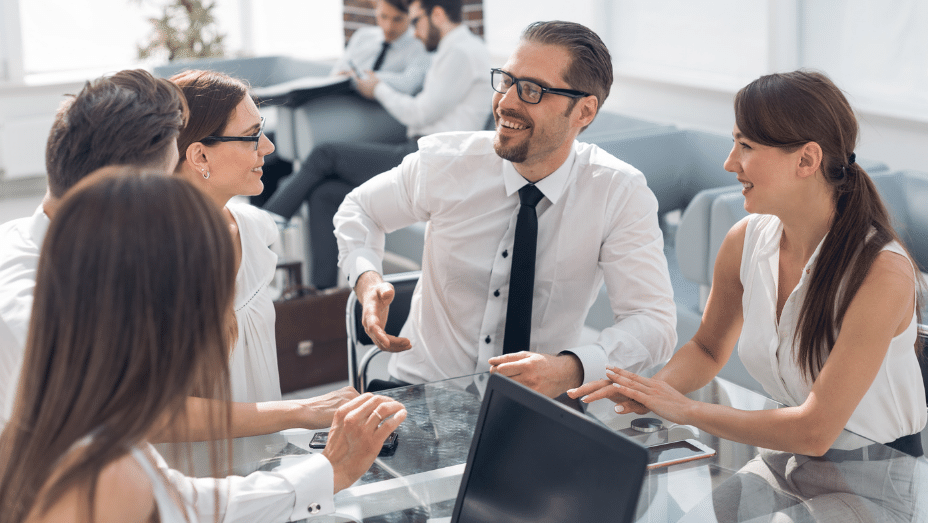 happy bank employees on a break