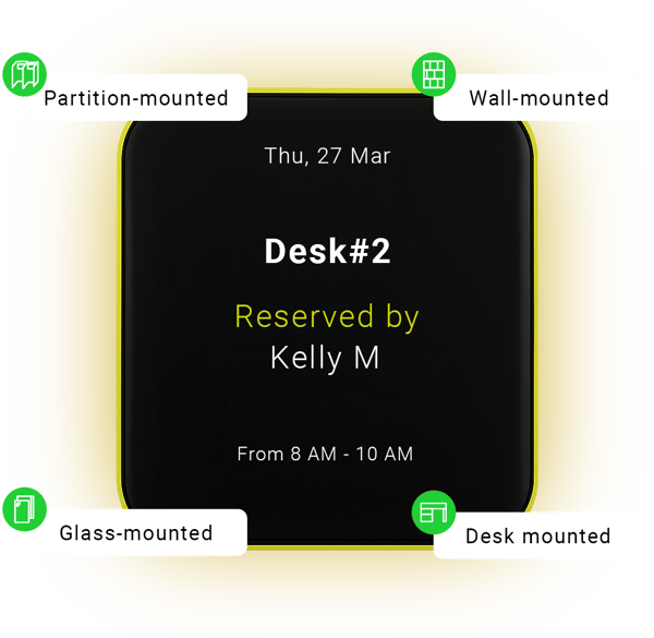 Our desk signs support multiple mounting options. Install them on walls, glass panels, partitions, or directly on desks.
