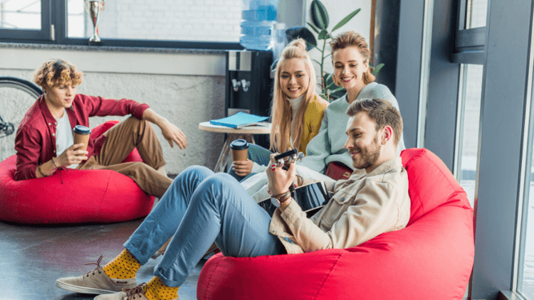 ecmployees in a flexible office space having a break