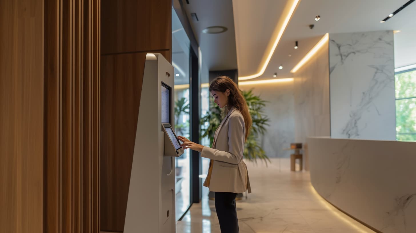 visitor using a modern visitor management kiosk at the school lobby