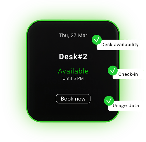 LED lights on desk signs show color-coded availability status.