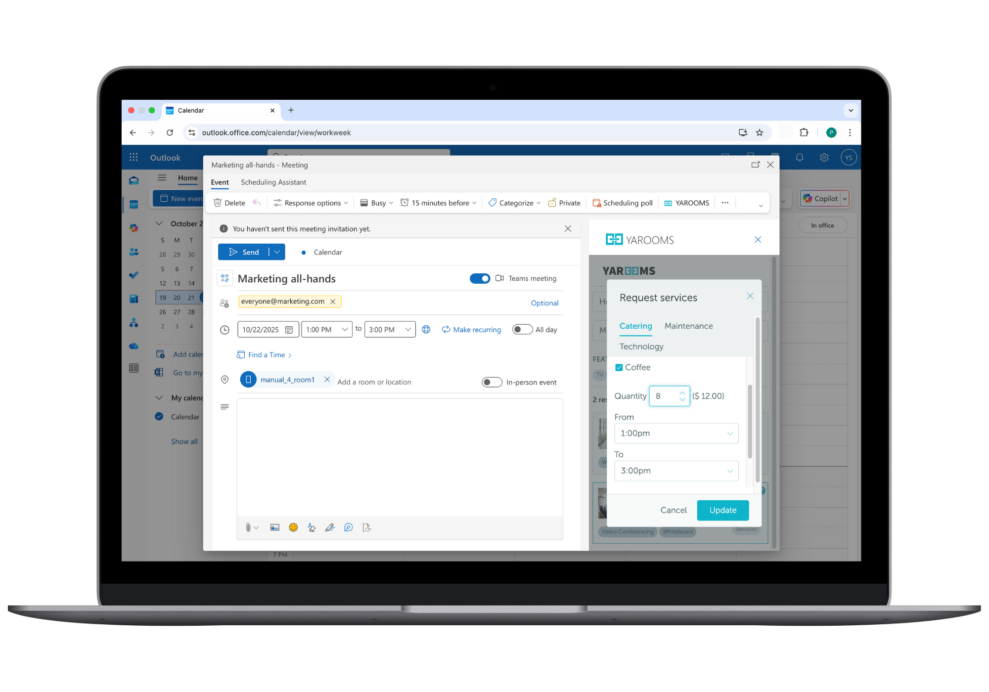 request meeting room services in outlook with yarooms