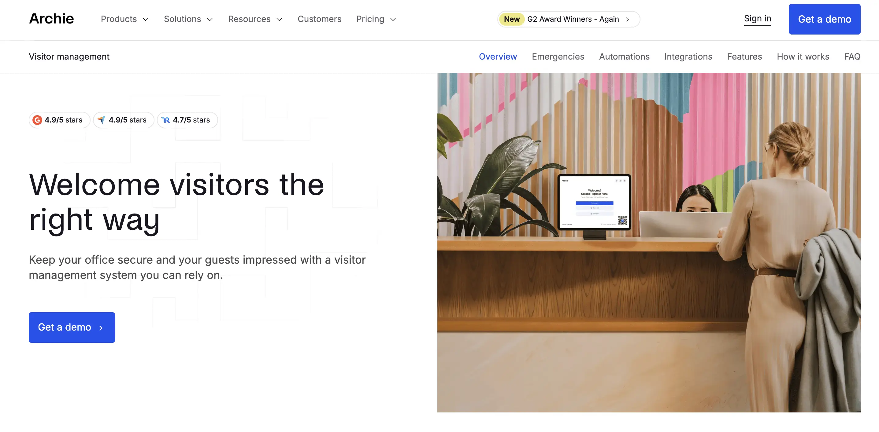 Archie visitor management app homepage