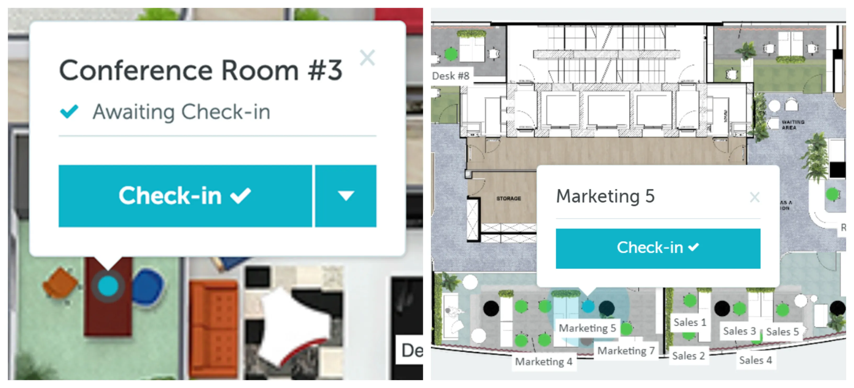 Check-in interface for desk booking showing workspace confirmation