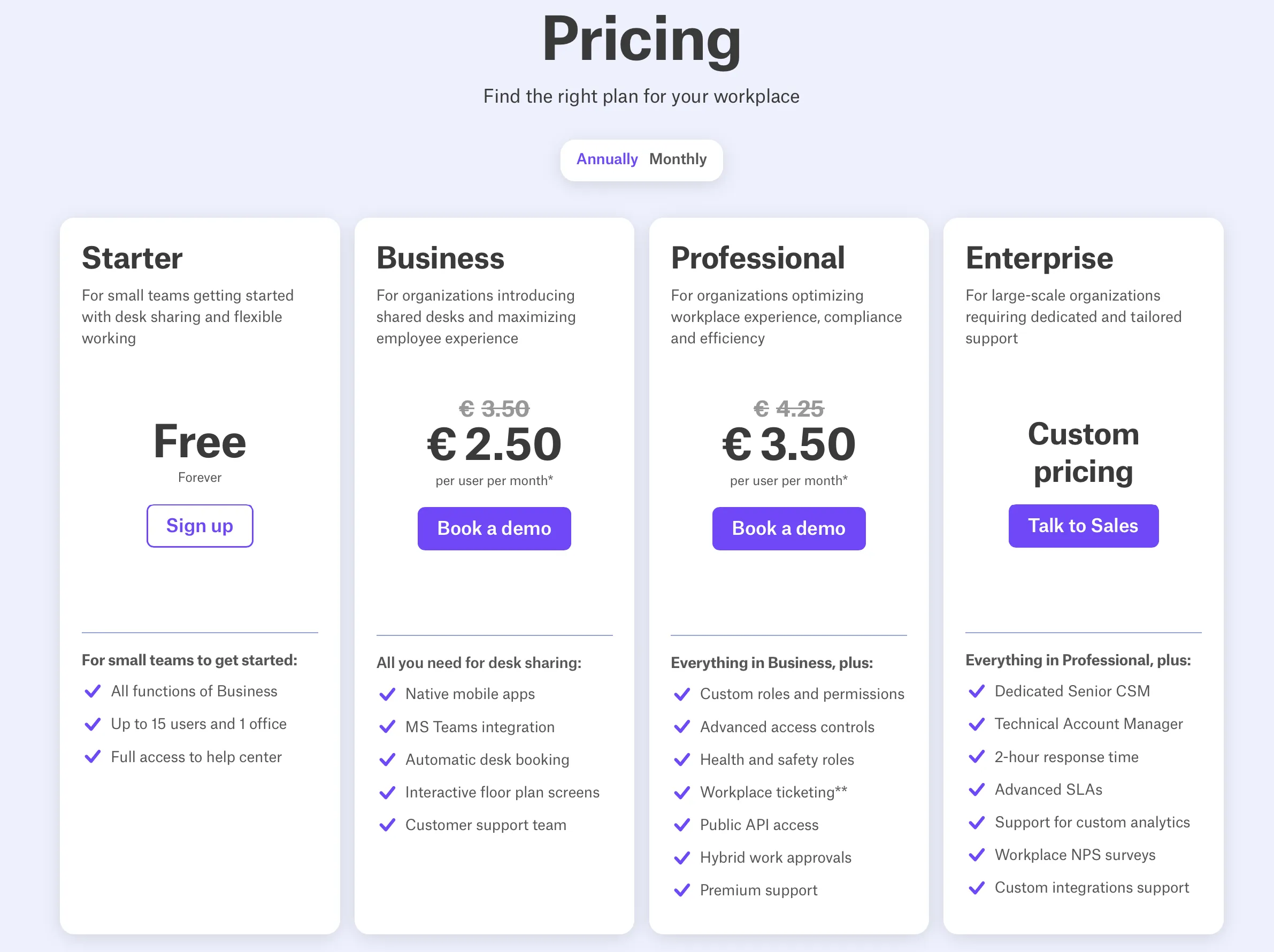 Overview of deskbird's pricing plans