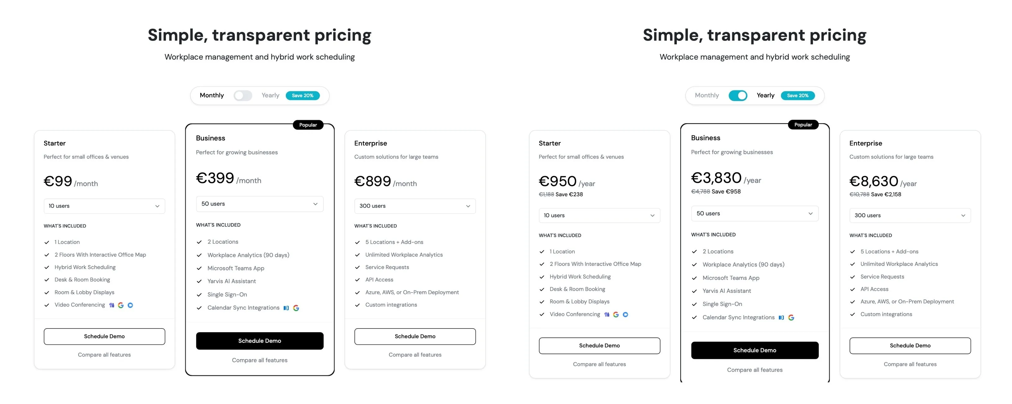 YAROOMS pricing: monthly and yearly billing options