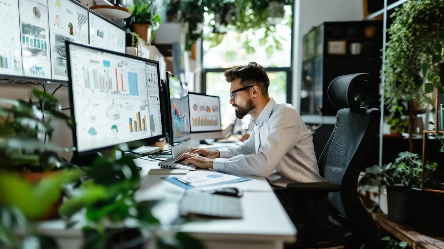 Employee in the office analyzing workplace data and reports