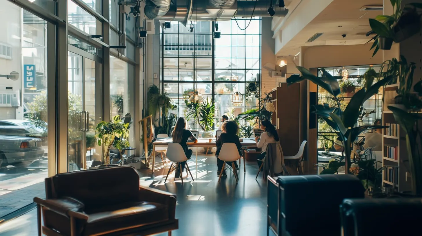 employees sharing a desk in a modern office