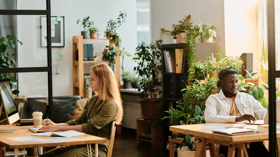 Modern green office building exterior with sustainable features