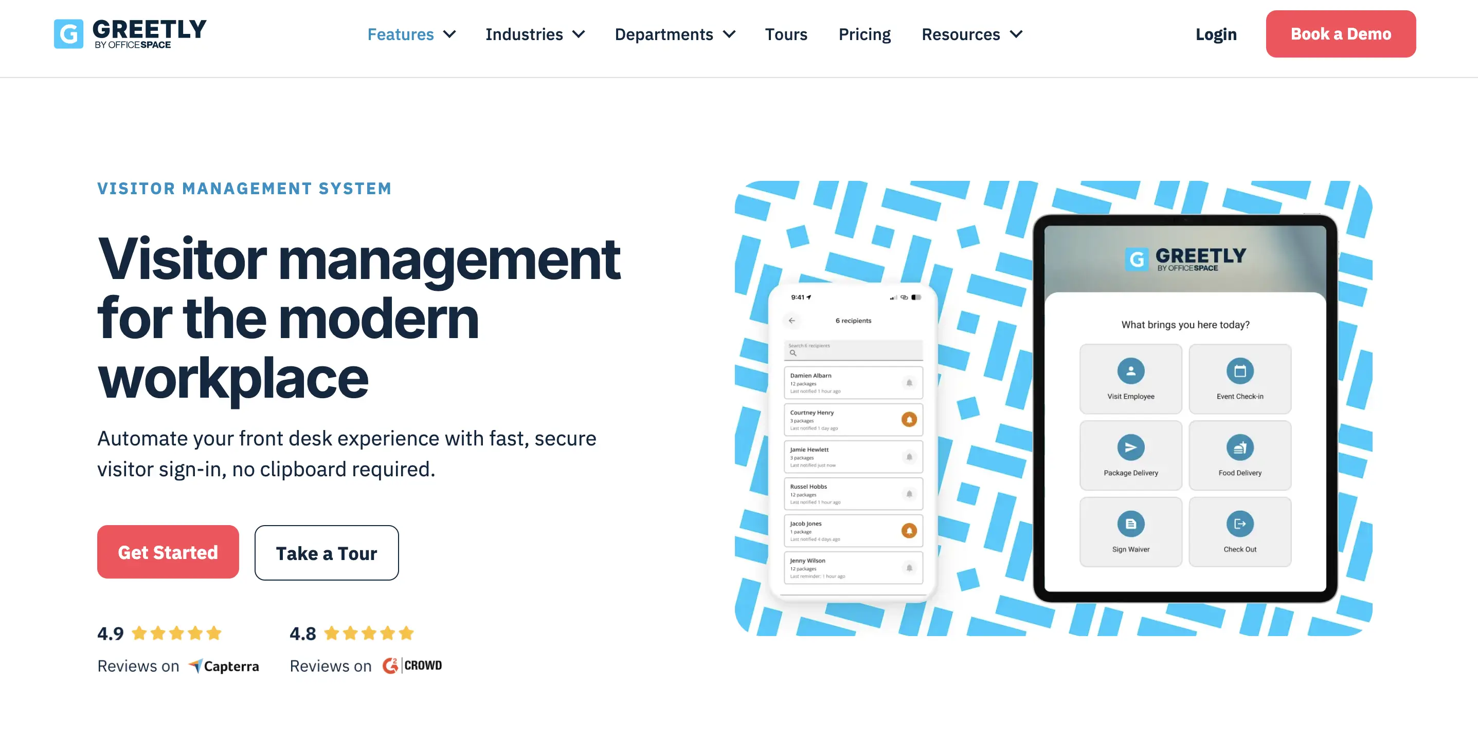 Greetly visitor management app homepage