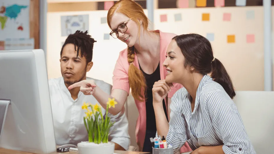 Workplace community members collaborating