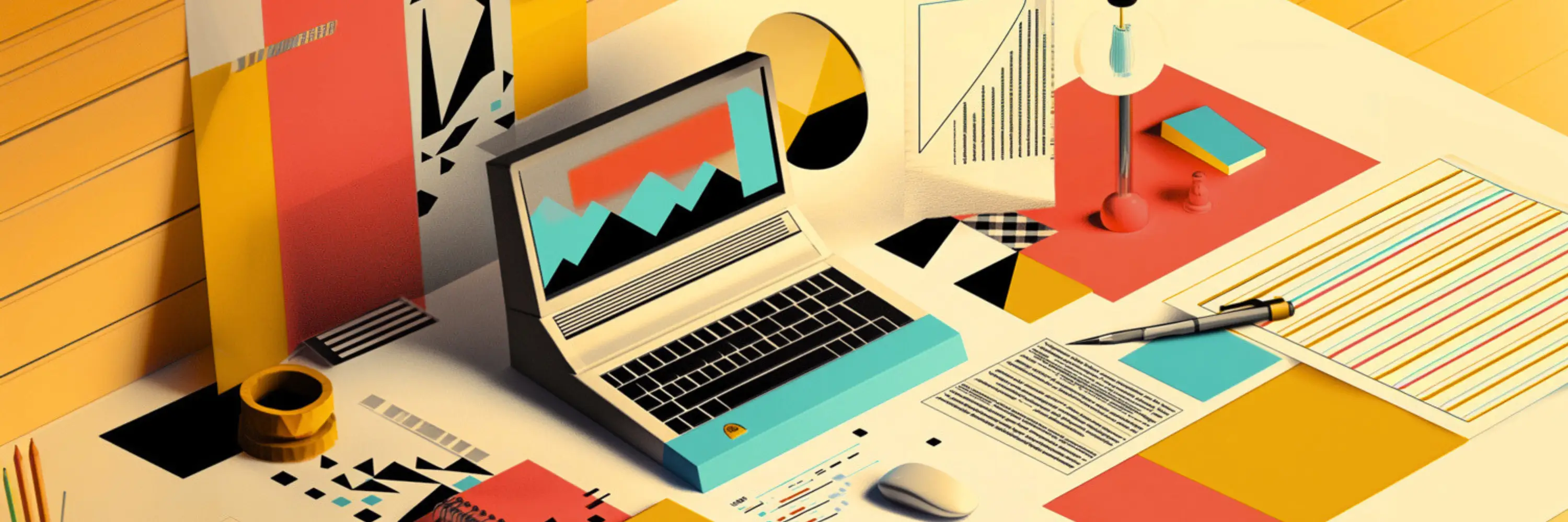 Illustrated workspace with a laptop displaying analytics charts
