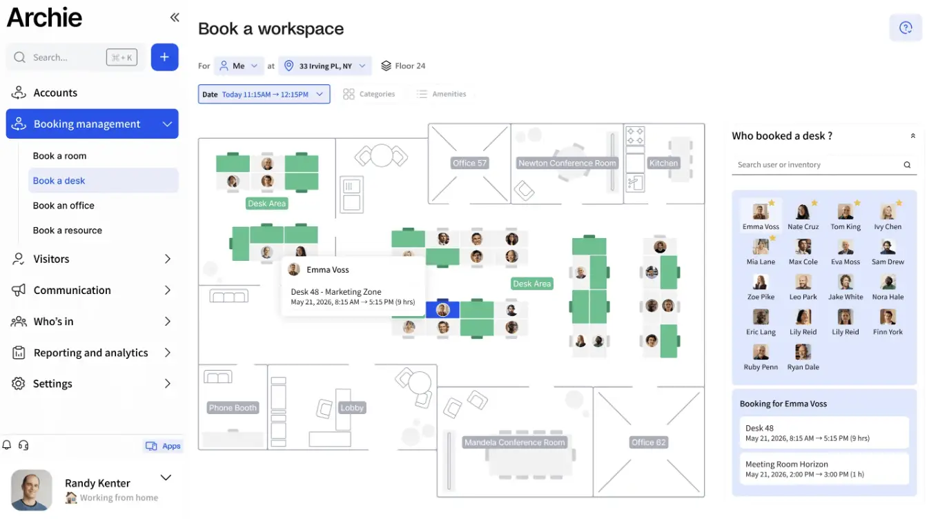 Archie interactive office map showing desk bookings