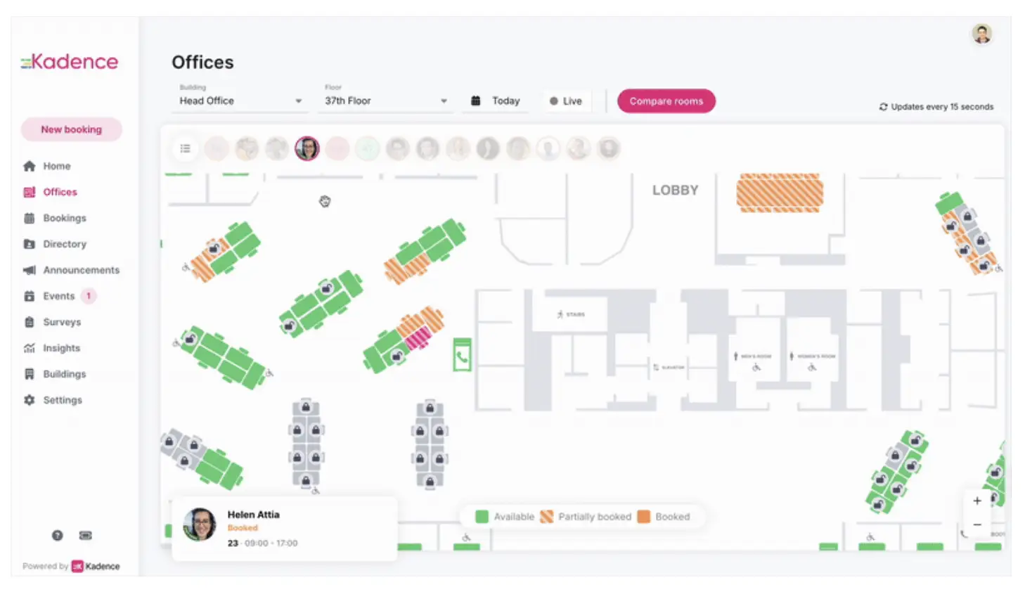 Kadence interactive office map showing desk availability