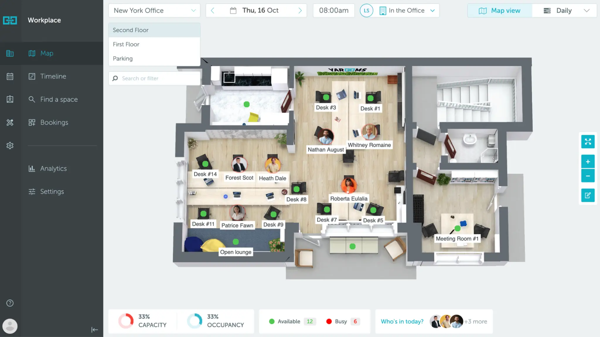YAROOMS interactive office map showing live desk availability