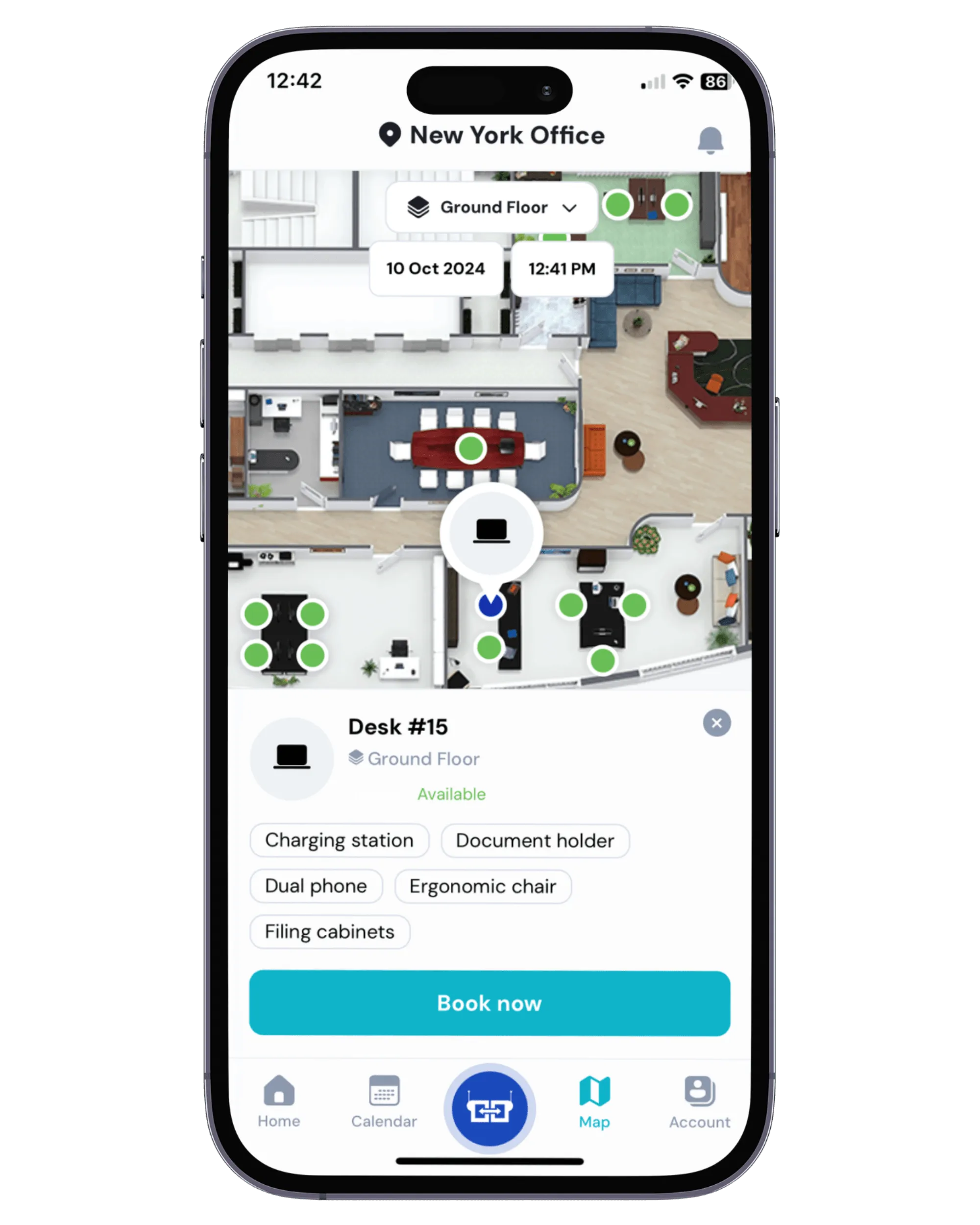 Mobile app interface showing desk booking with interactive office map