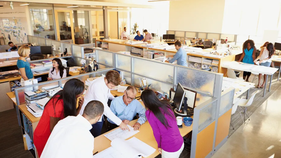interior of busy modern open plan office