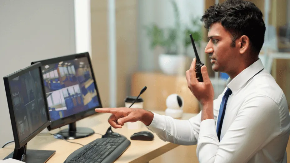 Security guard monitoring surveillance footage at front desk