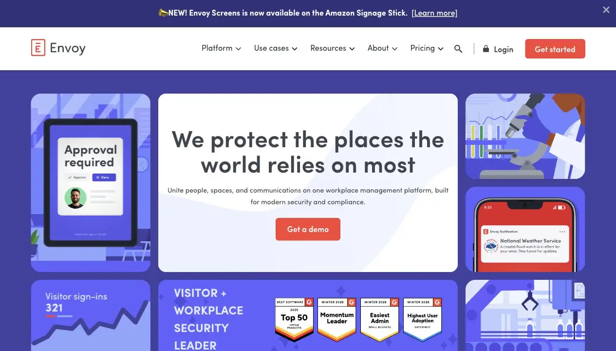 Current Envoy workplace and visitor solutions homepage