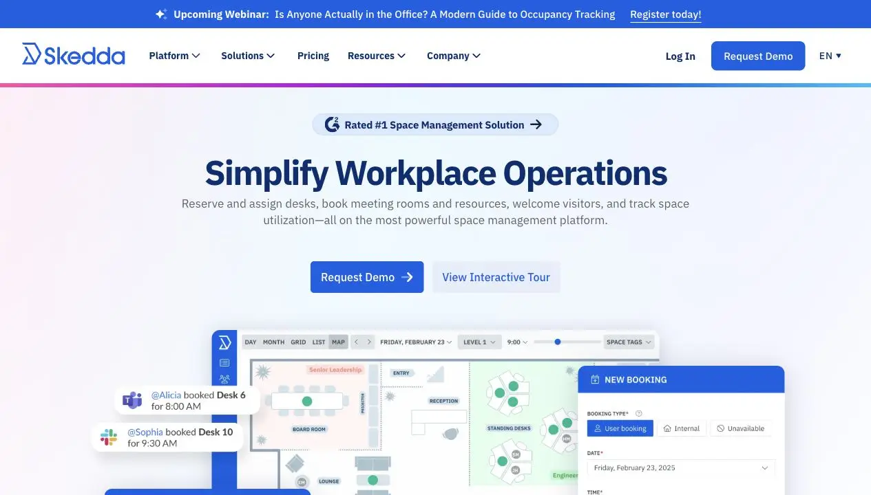Current Skedda workplace management software homepage