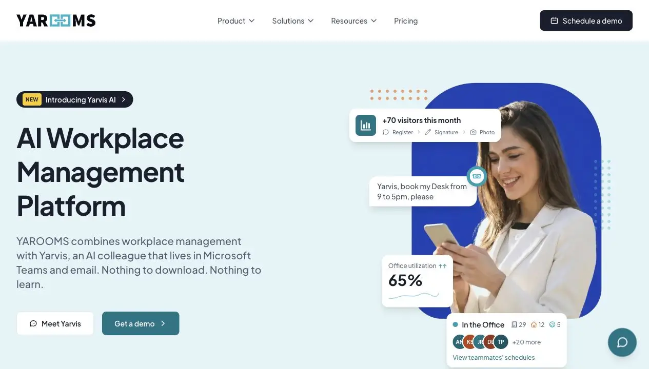 Current YAROOMS AI workplace management platform homepage