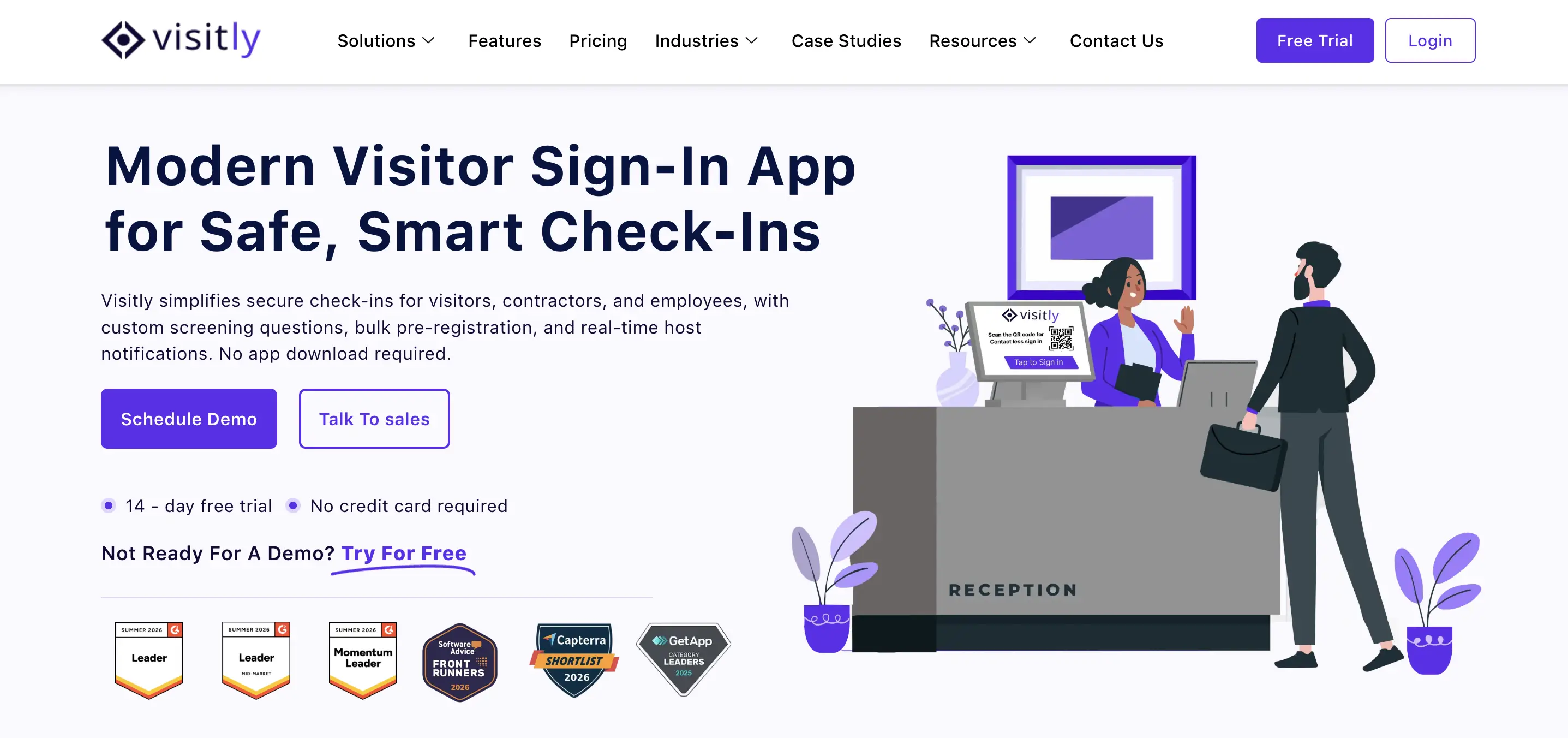 Visitly visitor management app homepage