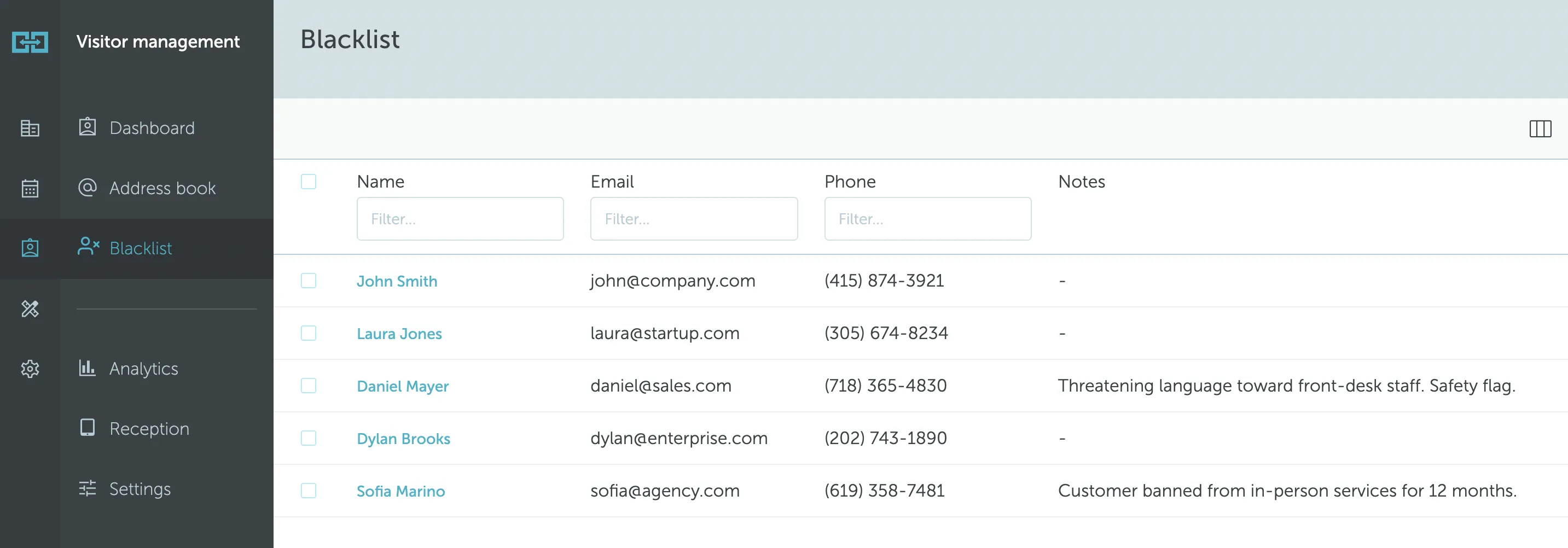 Visitor blacklist example