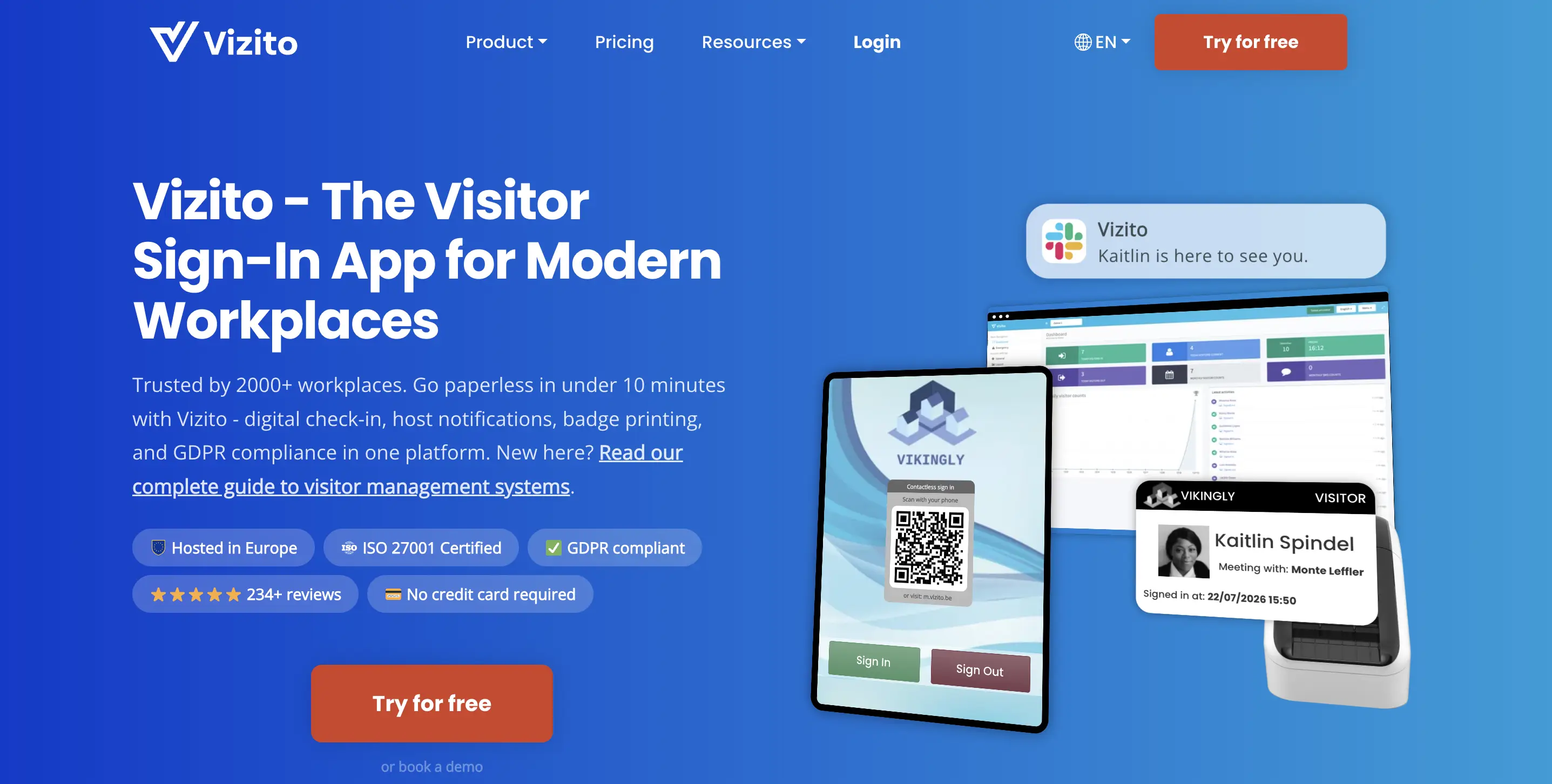 Vizitor visitor management app homepage