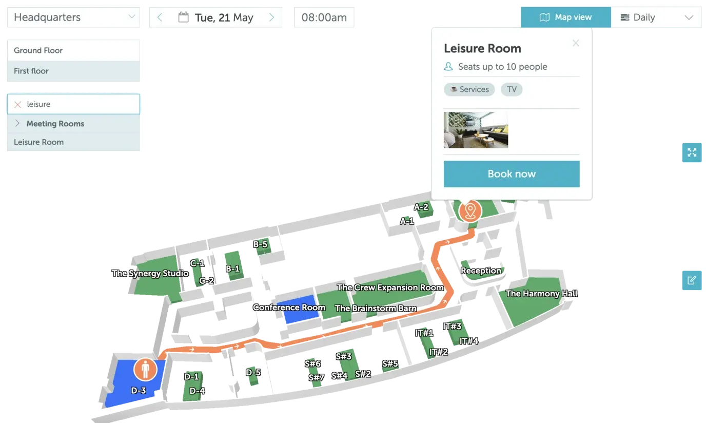 Interactive office map showing wayfinding directions to specific workspace