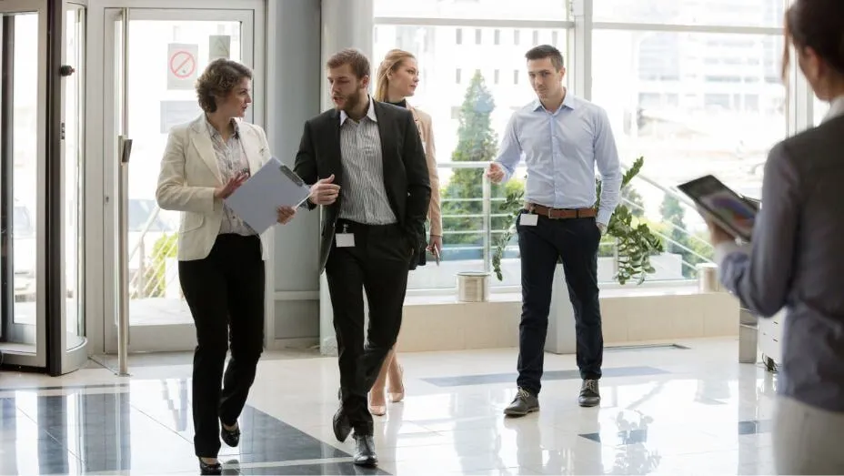 A secure reception area with measures in place for office visitor privacy.