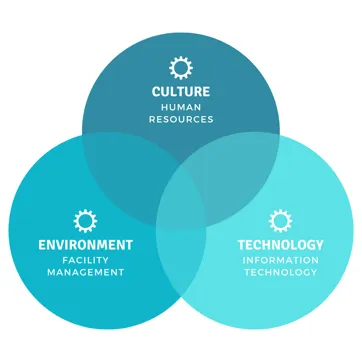Workplace experience diagram showing culture, environment, and technology