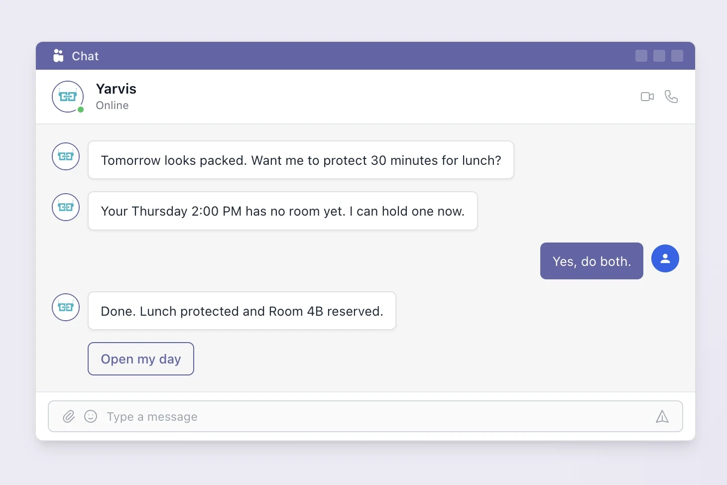 Yarvis AI workplace assistant handling multiple workplace requests through a single conversation in Microsoft Teams