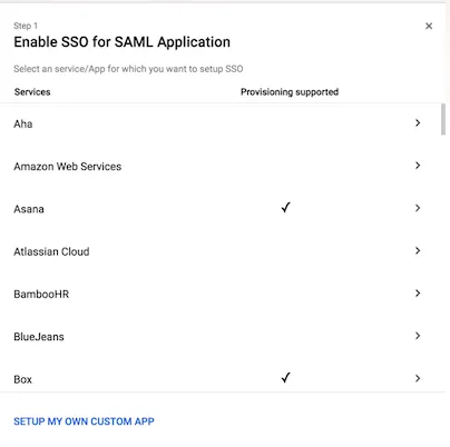 Google SAML setup dialog
