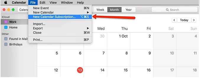 File menu - New Calendar Subscription