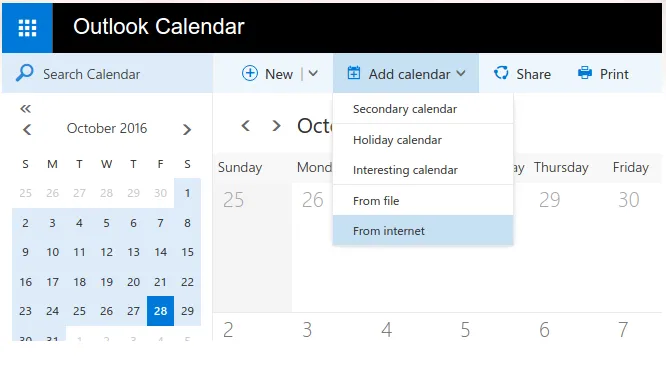 Office 365 - Add calendar menu