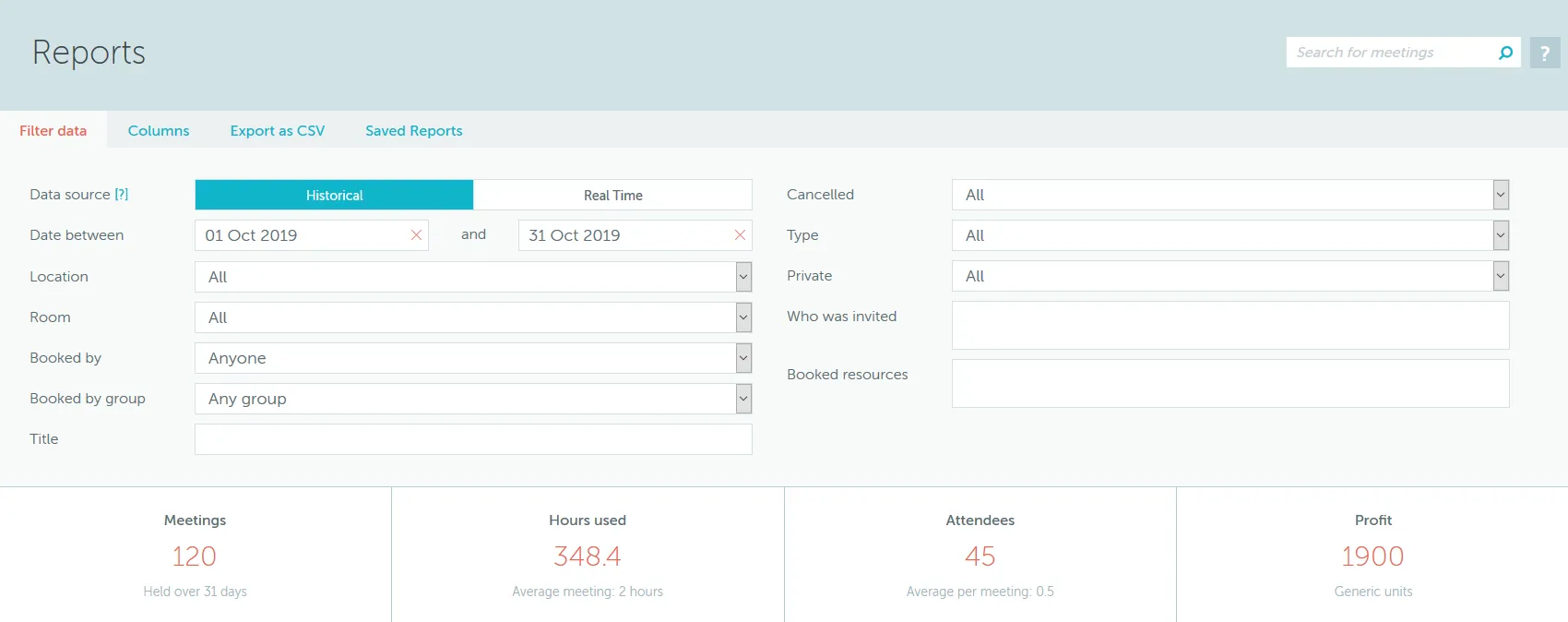 Reports filters panel