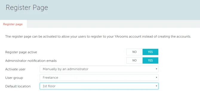 Registration settings interface