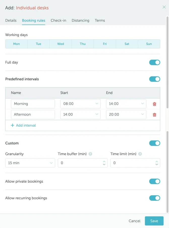 Booking rules settings