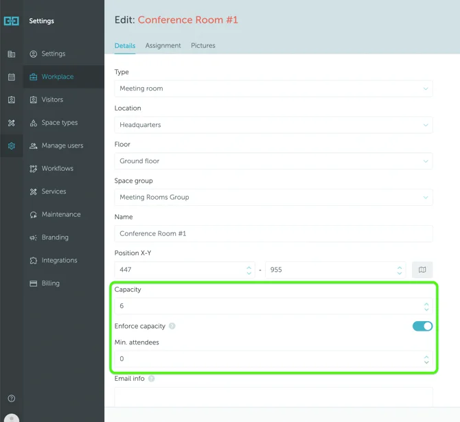 Meeting room capacity settings interface