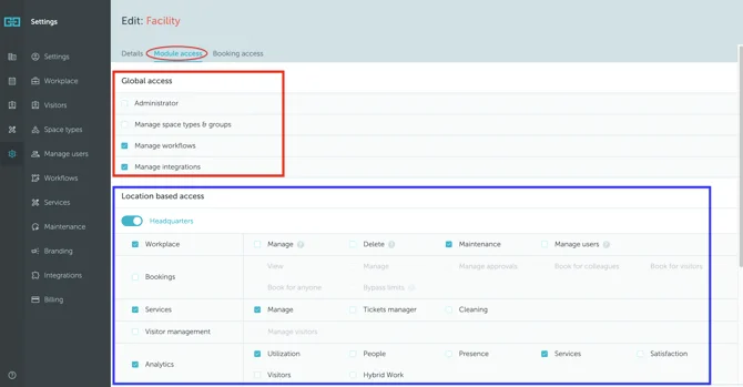 Module Access settings showing two types of permissions