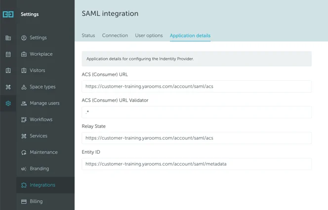 Application details tab with SAML activation