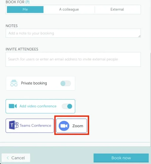 Add Video Conference option showing Zoom and Microsoft Teams selections